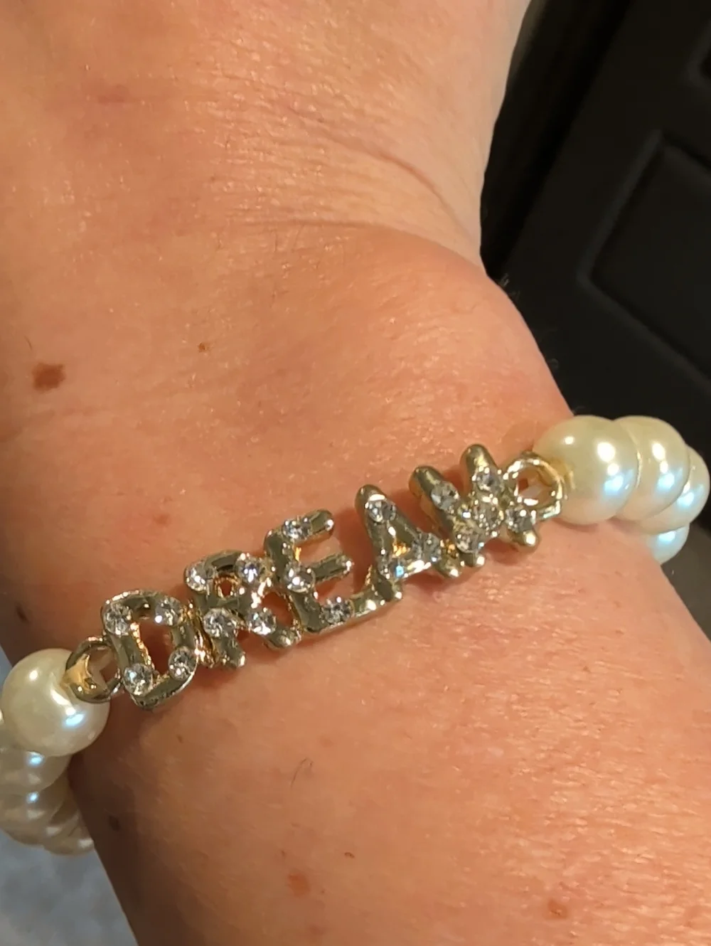 Personalized Pearl Stretch Bracelet with Gold Letter Accents - White